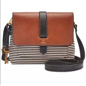 Fossil black and white striped brown and black leather messenger bag